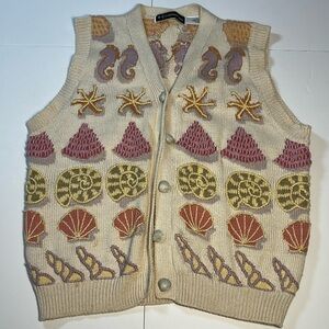 Vtg Christine Foley Women’s Small Embroidered Knit Sweater Vest Beach Sea Shell